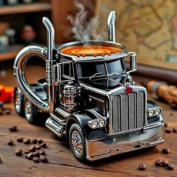 Handgjord Keramisk Kaffemugg med Lastbil, 33 cl Kaffekopp med Trailer, Unik Gåva för Kaffe- & Lastbilsälskare 2025 Red