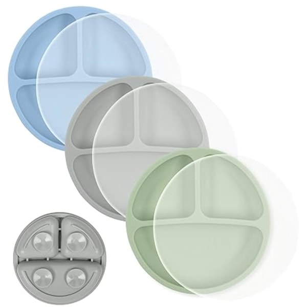 Toddler Tallerkener med Låg - Sugetallerkener til Baby - 100% Silikone Babytallerkener 3-pak - BPA-fri - Tåler Mikroovn og Opvaskemaskine - Opdelt Design