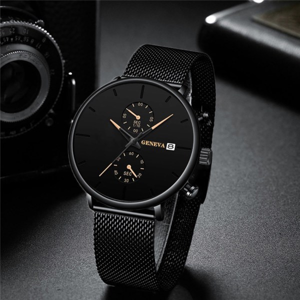 Pure Black Mesh Strap menns vanntett kvartsklokke Black Shell Rose Gold Needle