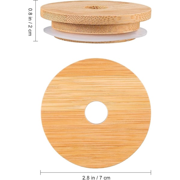 8 stk. Gjenbrukbare bambus krukkelokk 70MM Bambus Mason krukkelokk med sugerørhull for Mason krukke med bred åpning (8 stk.)