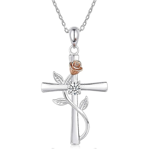 925 Sterling Sølv Rund Cubic Zirconia Kors Rose Anheng Tro Håp Kjærlighet Blomster Halskjeder for Kvinner Perfekt Gave