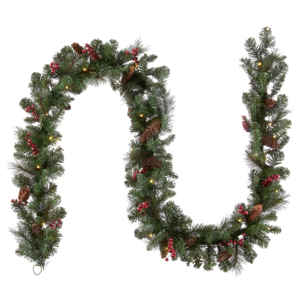 Forbelyst kunstig julekrans, grøn, crestwood gran, hvide lys, dekoreret med fyrrekogler, bærklaser, julekollektion, 2,7 m