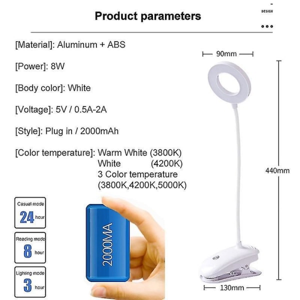 USB uppladdningsbar led-bordslampa med flexibel Touch-dimmer, Clip On-lampa