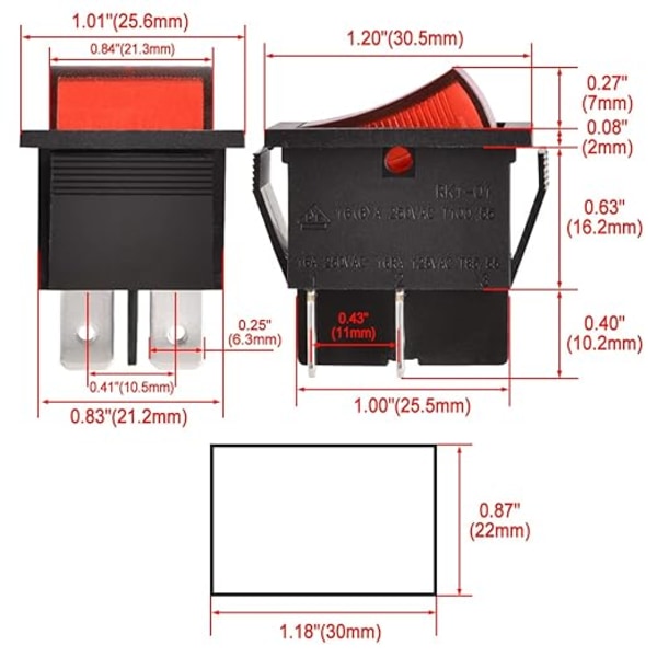 Vippebryter, PÅ/AV, DPST, 4 Terminaler, Rødt Lys, 16A, 250V, AC (2)