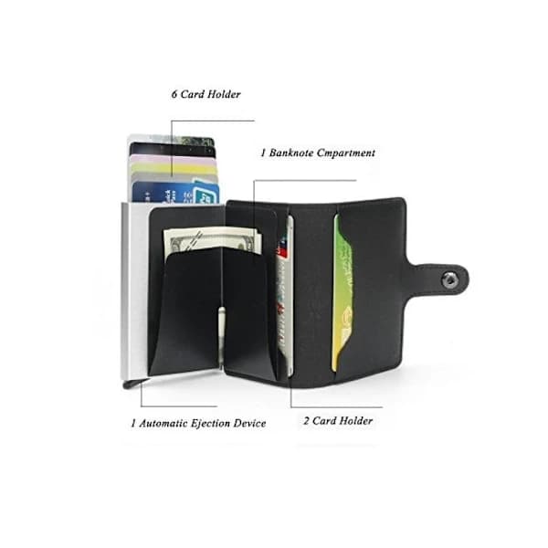 Pop-up kortholder, aluminiums- og læderkonstruktion, RFID- og NFC-beskyttelse, pengeseddelrum, sort.