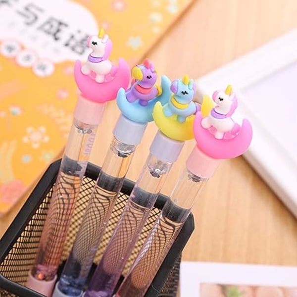 4 stk. Søde Enhjørninge Kuglepenne Stationery Sæt, Flerfarvet Glitter Flydende Sand Kuglepen til Piger Drenge Børn Gaver, Sort Blæk, (0,5 mm)