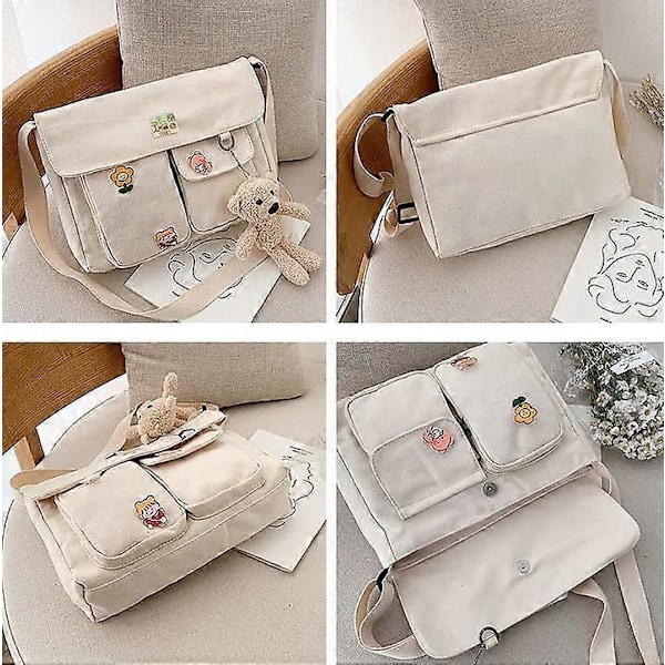 Canvas Crossbody Veske Messenger Søt Veske med Pins og Anheng for Kvinner Jenter Casual Skulderveske Estetisk Skoleveske Beige