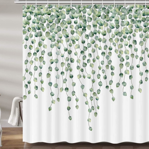 Grønt botanisk blad bruseforhæng til badeværelse, ægte Eucalyptus Leaf Botanisk tryk Stof bruseforhæng sæt