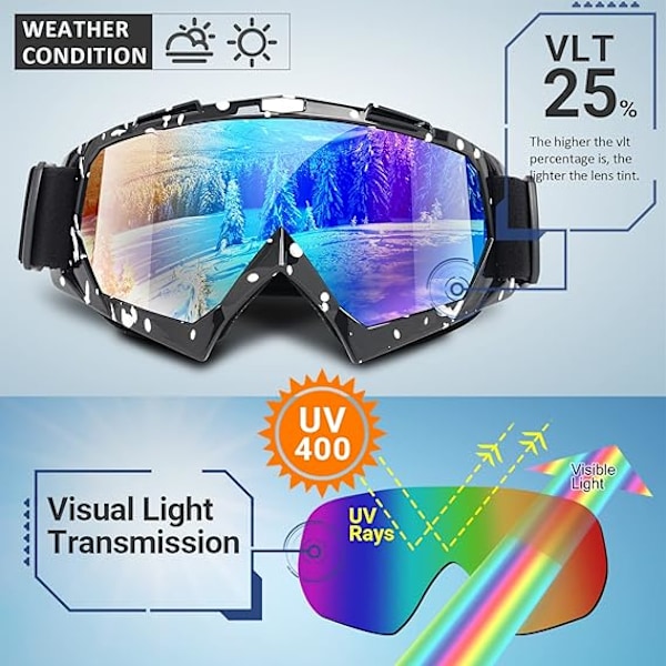 Skidglasögon för vuxna, 2-pack Snowboardglasögon för tonåringar, män och kvinnor, Snöskoterglasögon med brett synfält