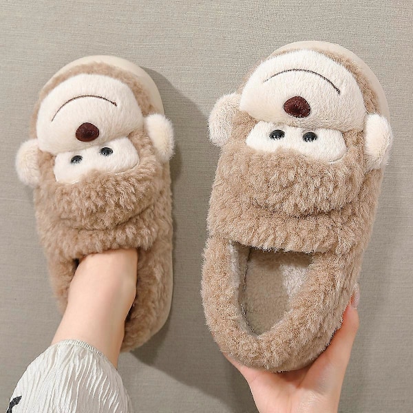 Sko for kvinner og menn, jente, pels, anti-skli, varme tøfler, moteriktig, nydelig ape, matchende bomullstøfler, høst vinter plysjtøfler Light brown 40-41