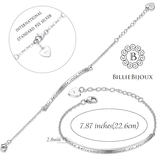 Sterlingsilver Graverat Motiverande Justerbart Armband för Kvinnor Vänskap Systrar \"She Believes She Can Do It\" Morsdagspresent för Kvinnor Flickor