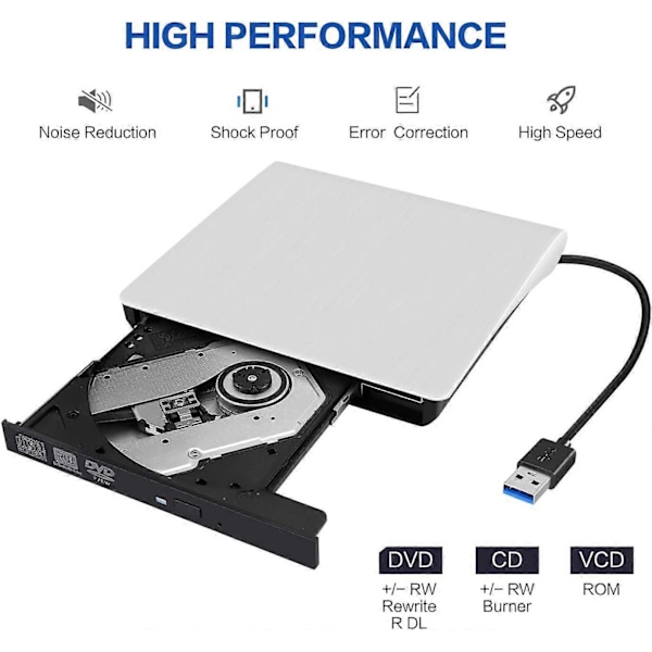 Ekstern CD/DVD-stasjon for bærbar PC, USB 3.0 Ultra-slank brenner/skriver kompatibel med Mac MacBook Pro/Air iMac stasjonær Windows 7/8/10/XP/Vista (