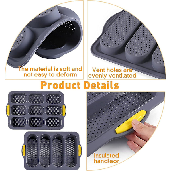 2-delt silikone baguetteform, baguettepande, non-stick perforeret form, 4 Gri ~
