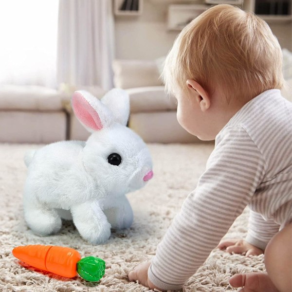 Elektronisk plyschkaninleksak, interaktiv leksak för påskharen, lekfull kanin som hoppar runt gör ljud Vickar med öronen white