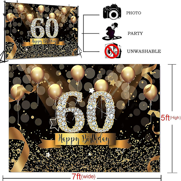 Hyvää 60-vuotissyntymäpäivää taustakangas aikuisten juhliin 7x5ft Bokeh-ympyrä Glitter Kultainen ilmapallo Valokuvaustausta Kuusikymmentä Syntymäpäivä Musta Kultainen Juhlat Taustakuvat