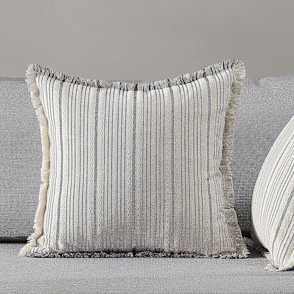 Bondegård Marineblå Striper Pynteputetrekk Med Dusker Sett Med 2 18x18, Moderne Aksent Dekorative Frynsete Putetrekk, Boho Teksturert Linpute