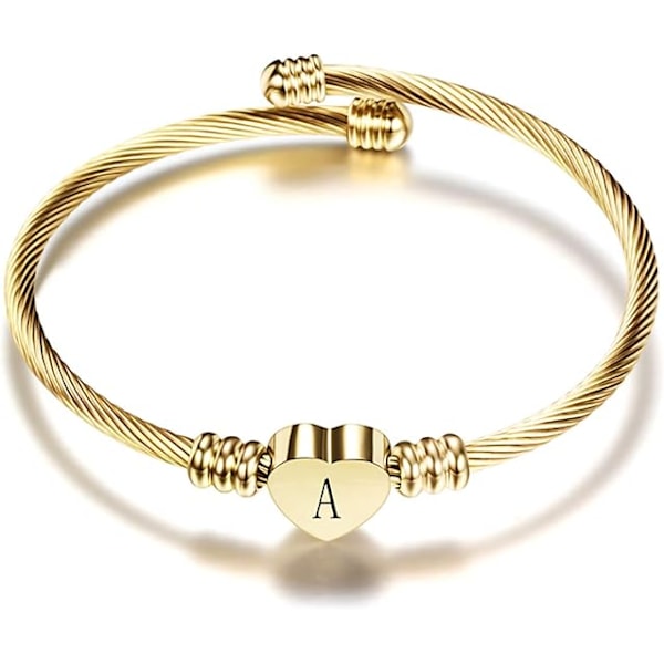 Dame Gullbelagt Hjerte Initial Monogram Mansjettarmbånd Ekspanderbart Rustfritt Stål Bursdagssmykke