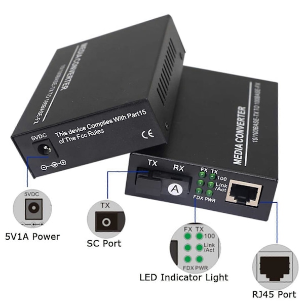 Fiber Ethernet Media Converter, Single-Mode 10/100Base-TX til 100Base-FX, RJ45 til SC, Fiber Transceiver Opptil 25KM (1 Par)
