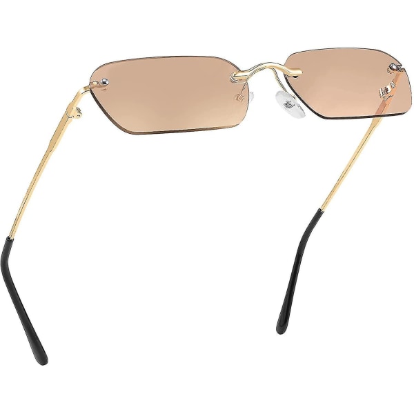Retro små smalle, kantløse solbriller Clear Eyewear Vintage rektangulære solbriller til kvinder mænd Champagne