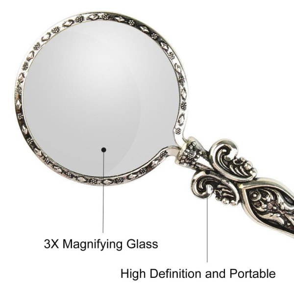 JFJC 3X Retro förstoringsglas för läsmetallhandtag Optisk lins Handhållet förstoringsglas Silver