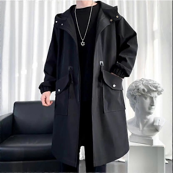Vattentät vårjacka Herr med huva Vindtät Enfärgad Trendig Kappa Ledig Bekväm Parkas Lång XXL black