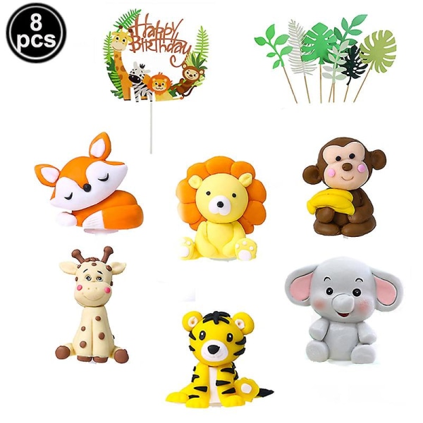 8st Djur Cake Topper Set för Jungle Safari Farm Woodland Födelsedagstårta dekoration Zoo Party Baby Shower Tillbehör Woodland