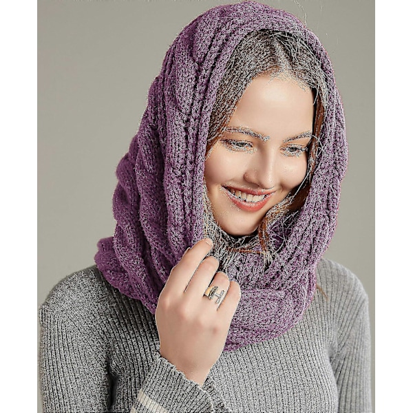 Naisten paksu ribbineulottu talvinen ääretön ympyrähuivi Premium Twist Grape Purple