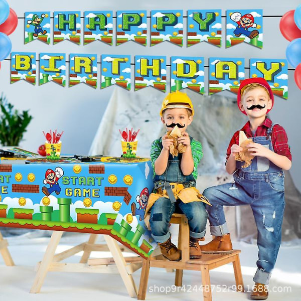 Super Mario Party Dekoration Baby Shower Födelsedagsservis Tillbehör Papperskopp Bordsduk Antal Ballong Tårta Toppers Bakgrund 6pcs set-1
