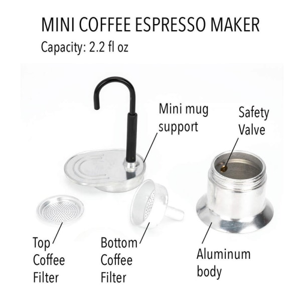 JFJC yksiputki Moka Pot 1 Cup 50 ml alumiiniseoksesta valmistettu juoksuputki liesi italialainen kahvinkeitin ulkojuhliin matkustamiseen