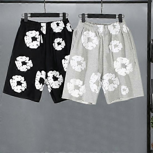 Sommarshorts för män, blommönstrade, dragsko, elastisk midja, lösa fickor, veckade, semester, strand, sport, avslappnad, hemmakläder, korta byxor M black