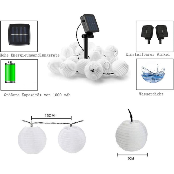 Solar Lichterkette Aussen, 6,5m 30 Led Solar Lichterkette Lampions Auen Wasserdicht, 2 Modi, Solar Lanterne Lichterkette Fr Garten, Balkon, Hochzeit,