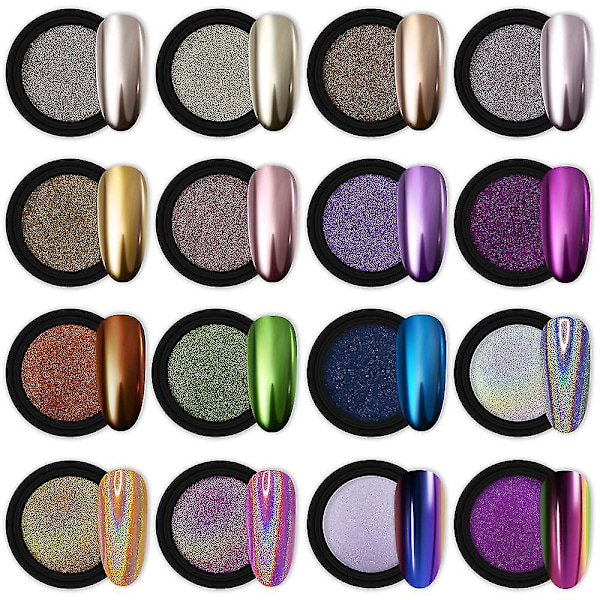 16 Burkar Krom Nagelpulver, Metallisk Spegeleffekt, Holografisk Aurora Kameleont Pigment, 1g/Burk för Gel Nagellack, Sjöjungfru Enhörning Dipppulver