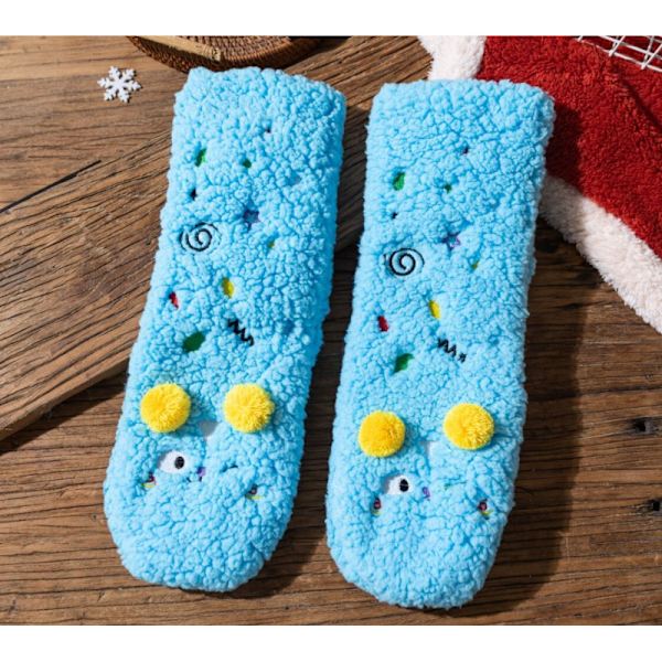 Varma golvsockor i lammull, tjocka halkfria golvsockor för barn, tecknade broderade damsockor för sömn Lake Blue