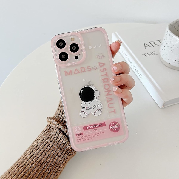 til iPhone 13 mini Gennemsigtigt Sødt Cover, Cool Tegneserie Astronaut Rumraket Måne Design Stilfuld TPU Bumper (iPhone 13 mini, Pink Mars)