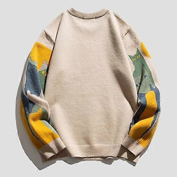 Herre Vinter Høst Genser Fargematching Rund Hals Katteprint Tykk Strikket Myk Varm Langermet Pullover Mellomlang Unisex Par Genser L black