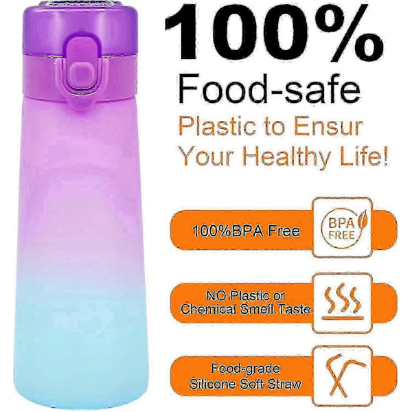 Luftvattenflaska med 5 smakpods, 750ml Sportluftvattenflaska med sugrör, Läckagesäker drickflaska med fruktarom för utomhusgym ( Gradation Purple