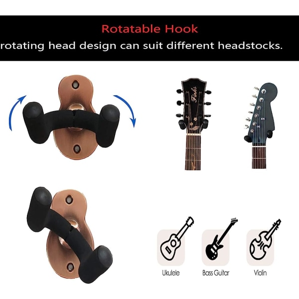 2-pak metalguitar vægmonteringsholder, med beskyttelsessvamp, velegnet til alle headstock/elektrisk guitar/ukulele/banjo/bas - sort