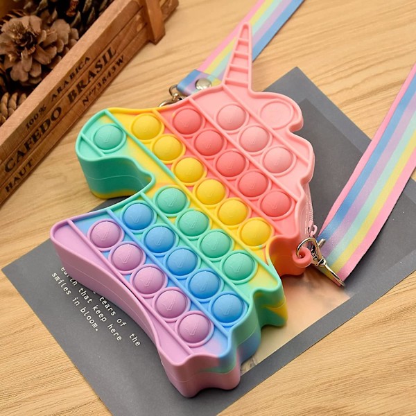 Pop Axelväska Fidget Leksak Regnbåge Enhörning Pop Fidget Väska Leksak Silikon Pop Bubbla Sensorisk Fidget Leksak Skolmaterial Födelsedagsfest Favörer för Flickor