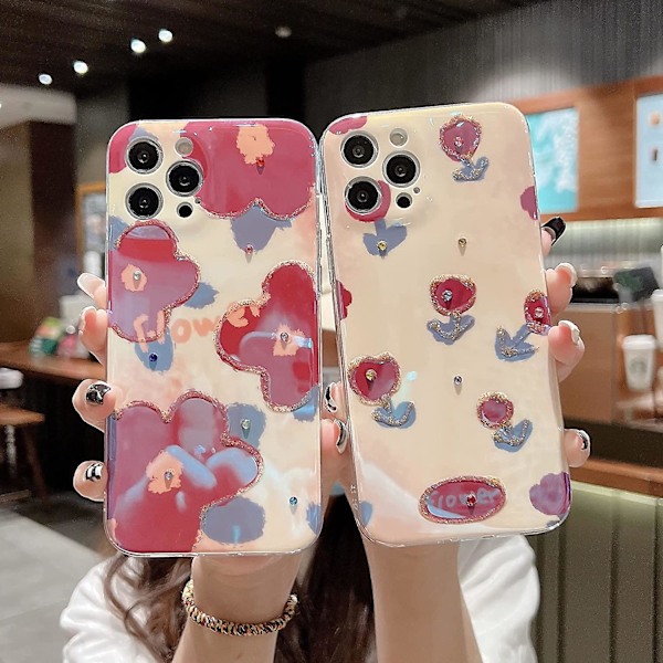 Diamant Blomma Blommig Glitter Bling Glittrande Klar Mjukt iPhone Skal (Vit, iPhone 13)