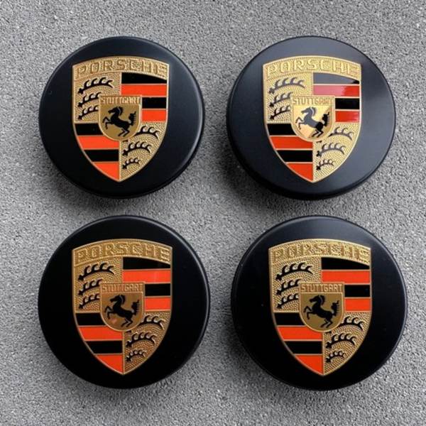 4 sorte buede Porsche hjulkapsler, 76 mm, med logo, farvematchende