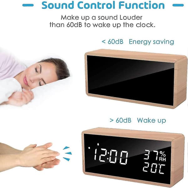 Elektronisk väckarklocka, Trä Digital Väckarklocka med 3 Alarminställningar, USB-driven Digital Klocka med Tid, Temperatur och Luftfuktighet LED-display