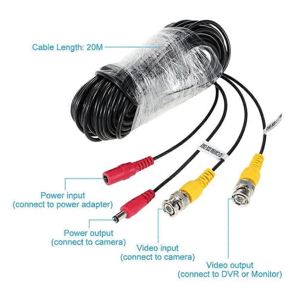 65ft (20m) BNC Video Ström Siamese Kabel för Övervakningskamera DVR Kit
