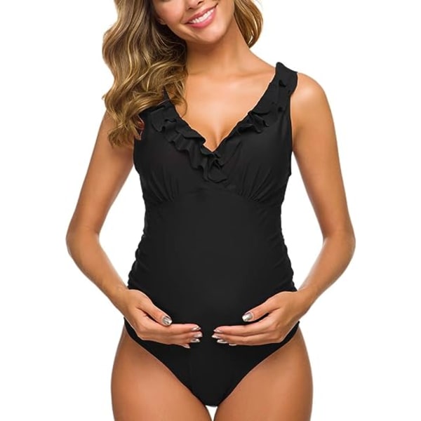 One Piece Graviditetsbadedragter Flæse Flæse Badetøj Falbala Monokini Dyb V-hals Badedragt Sort (XL XL