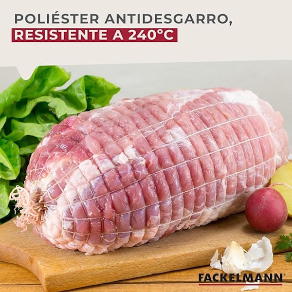 Strækbart kødbind, slagternet til fyldt kød, stege, røget kød eller oksefileter, lavet af polyester, hvid, ca. 2 m længde, 1 stk.