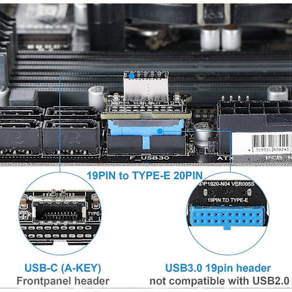 Tietokoneen emolevyn USB 3.0 19-nastainen Type-C -paneeliin Er Type-E -sovitin 20-19 nastainen laajennus