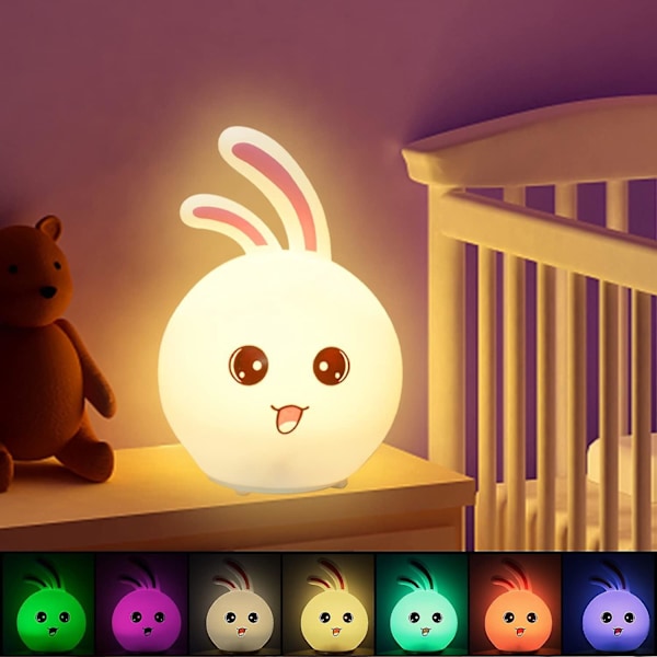Natlampe til børneværelset, sød natlampe silikone kaninlampe til små piger med 7 LED-lys der skifter farve.