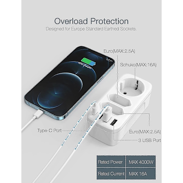 Stikadapter, USB-stik 7 i 1 Multistik med 2 Euro-stik 1 Schuko