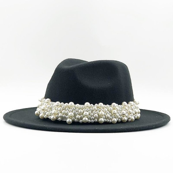 Dam Herr Ull Fedora Hatt Med Pärlband Gentleman Elegant Dam Vinter Höst Bred Brätte Kyrka Panama Sombrero Jazz Cap 60cm Black 58-61CM