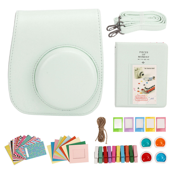 JFJC Mini Instant Camera Skyddsväska PU- case för Fujifilm Instax Mini 12 med albumfilter Färgglada hängande ramar Klistermärken Gröna