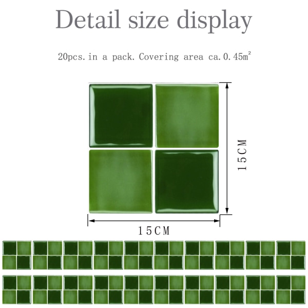20 kpl 3D mosaiikkilaattatarra itseliimautuva kodin sisustus 1# Green 15x15cm